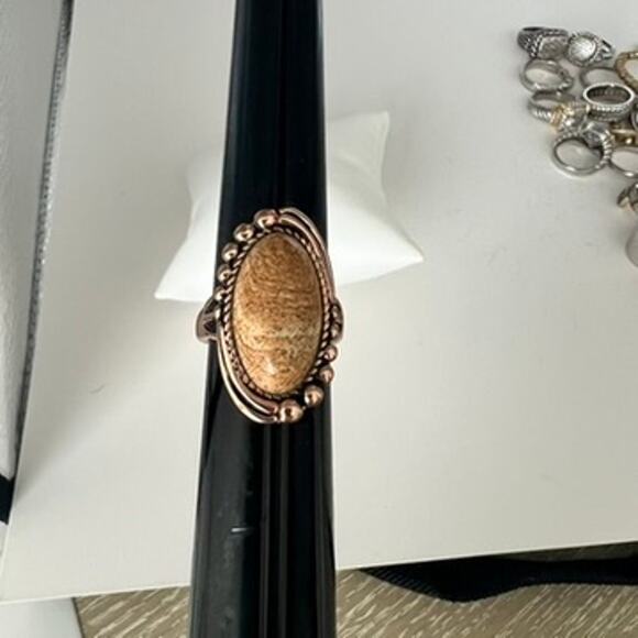 Rose Gold Plated Sterling Silver Jasper Stone Statement Bezel Ring US 6.75 - Picture 6 of 6